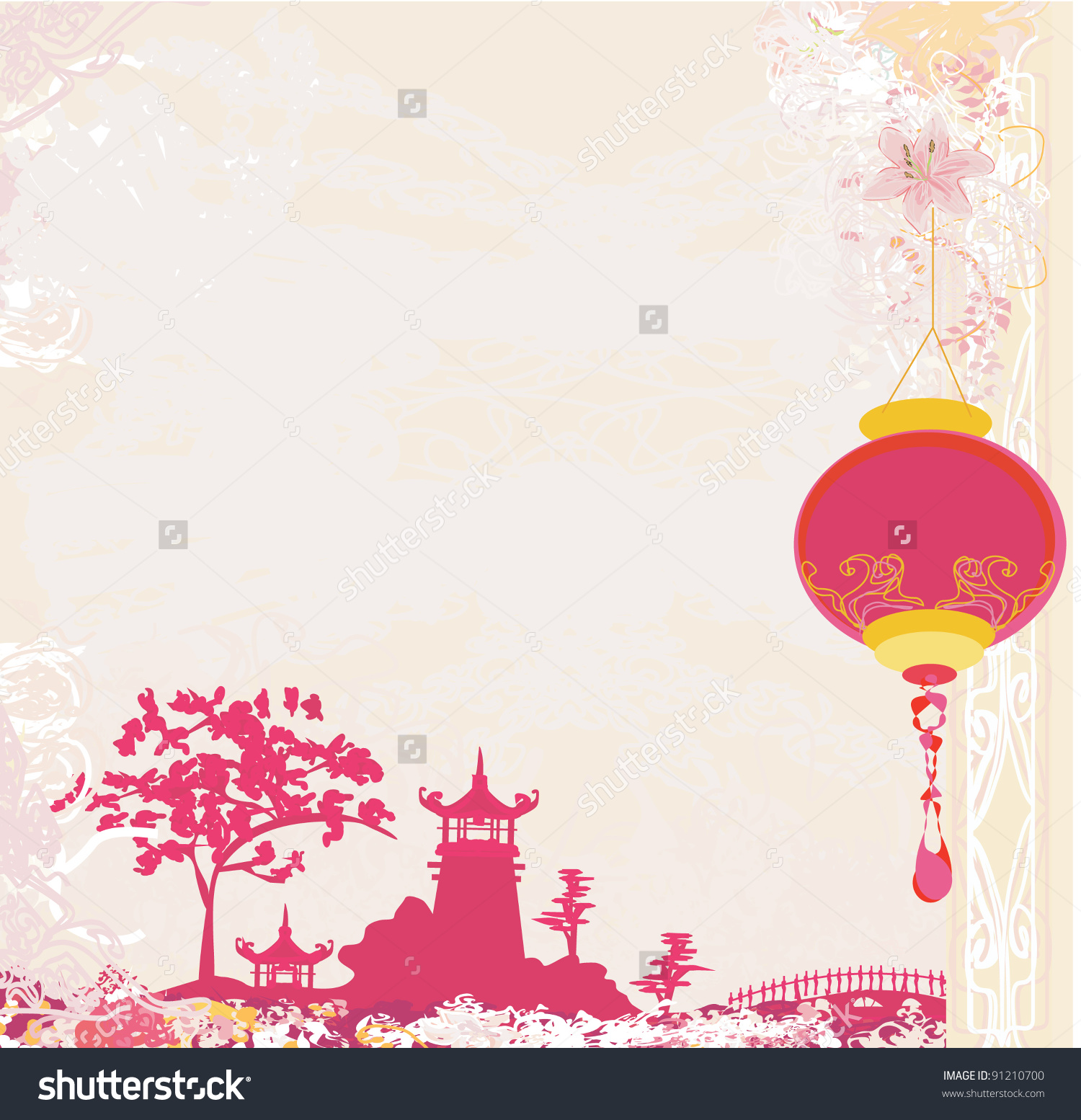 Landscape and Chinese Lanterns Vintage Japanese Style