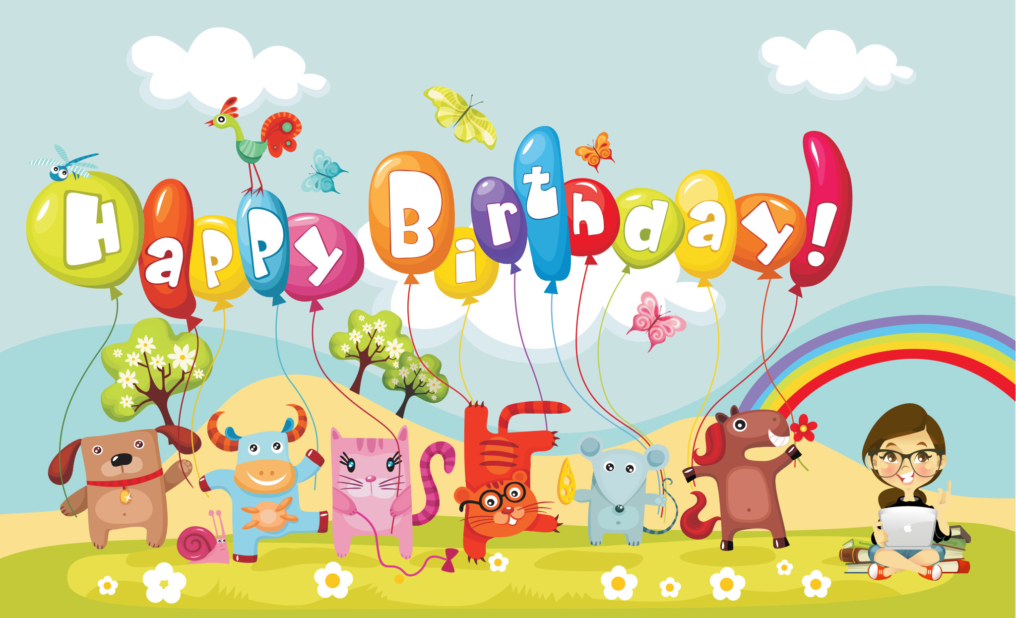 Happy birthday animal baby rainbow